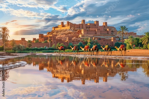 The colorful Ait Ben Hadou castle in the background  traditional Berber camels and people near an ancient mud city with a reflecting water pond at sunset in Ouarzazate  Morocco on a sunny day.
