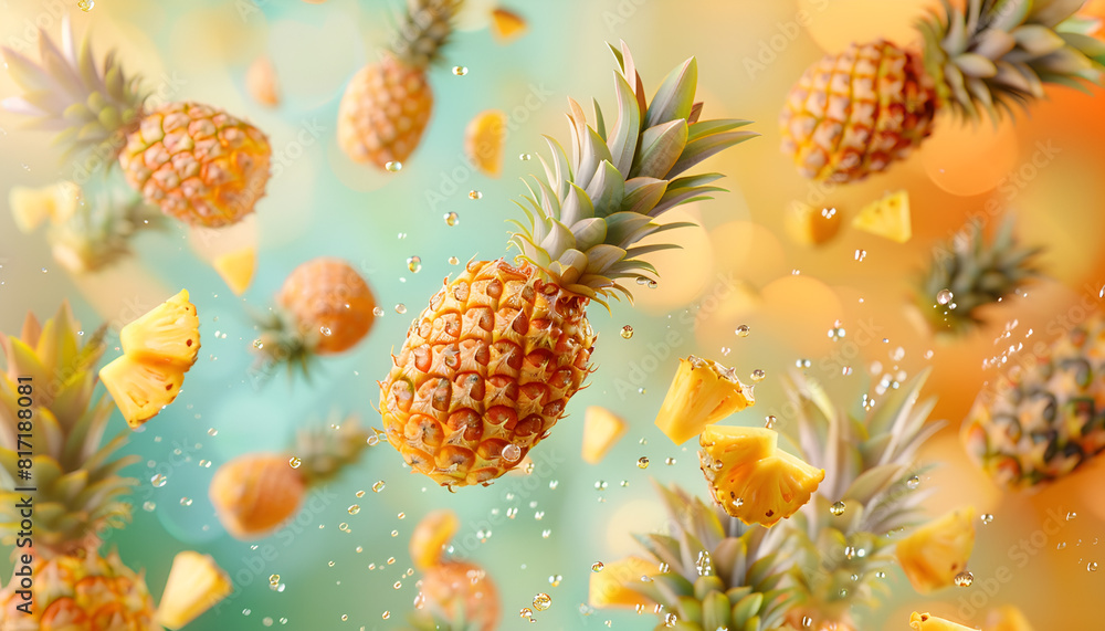 Fresh whole and cut pineapples falling on colorful background Fresh whole and cut pineapples falling on colorful background