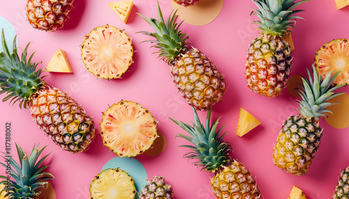 Fresh whole and cut pineapples falling on colorful background