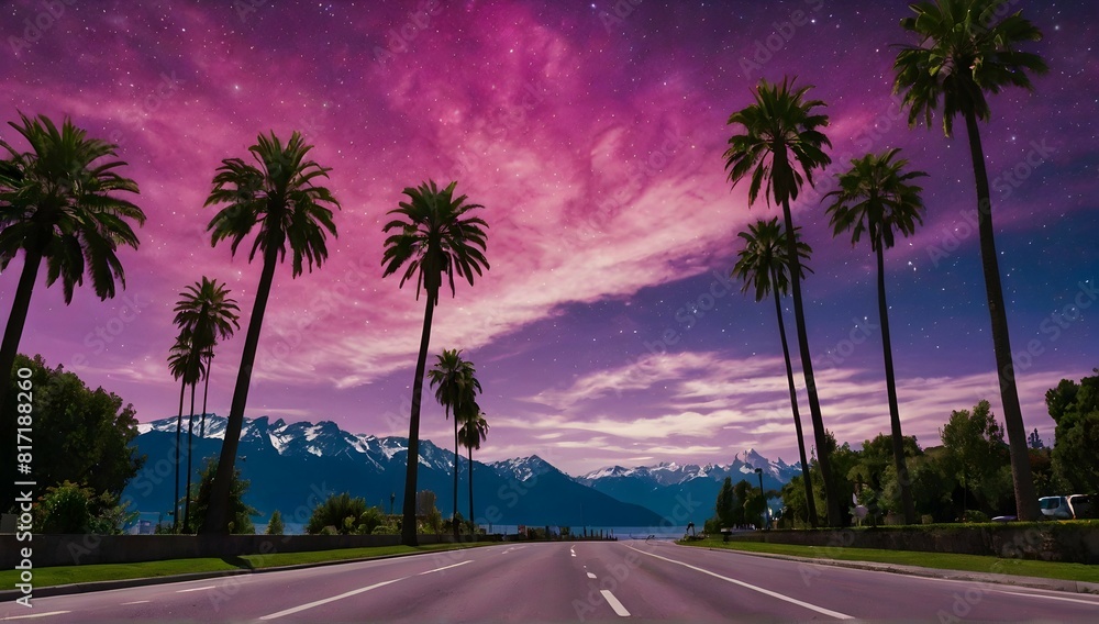 This image features a view from the driver’s perspective on a road lined with palm trees in Montreux under an extraordinarily vibrant and surreal sky. The sky is a magnificent display of pink and purp