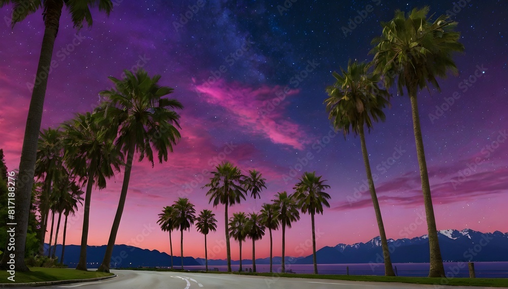 Obraz premium This image features a view from the driver’s perspective on a road lined with palm trees in Montreux under an extraordinarily vibrant and surreal sky. The sky is a magnificent display of pink and purp
