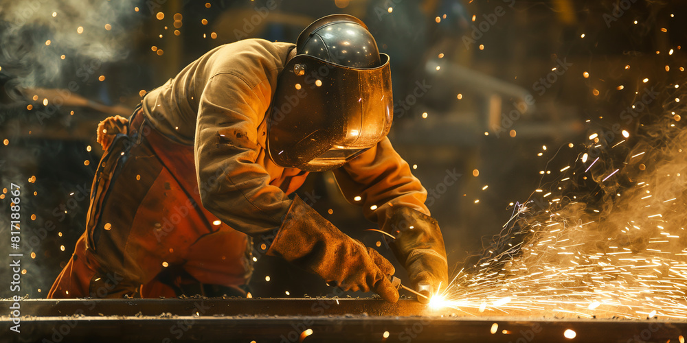 Proffessional welder at work performing welding and grinding at their workplace in the workshop. Proffessional welder at work performing welding and grinding at their workplace in the workshop.