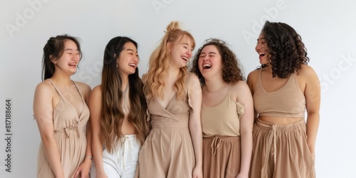 Candid photo of a group of ladies standing against white backdrop wearing beige clothes, laughing and smiling 