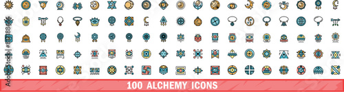100 alchemy icons set. Color line set of alchemy vector icons thin line color flat on white