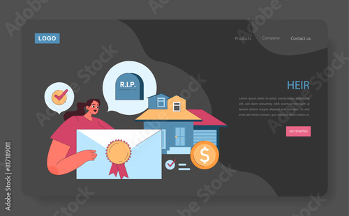 Heir dark or night mode web, landing. A woman is depicted with a certificate