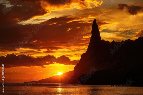 The silhouette of the needle mountain in a catalogical view from a Hawaii beach at sunset. A beautiful sky, with the sun setting behind a sharp, pointy peak. 