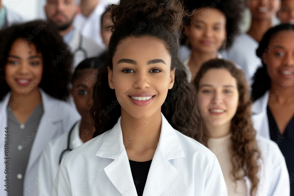 Diverse Group of Smiling Medical Professionals in Lab Coats Diverse Group of Smiling Medical Professionals in Lab Coats