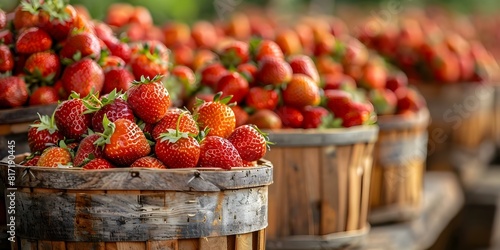 Fresh red strawberries in wooden baskets from organic farm ready for export. Concept Organic Farming, Fresh Produce, Fruit Export, Red Strawberries, Wooden Baskets photo