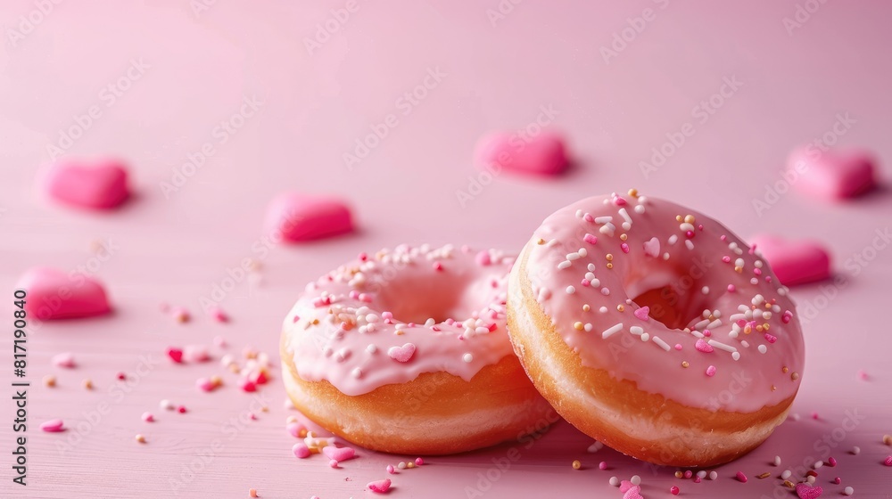 Delicate heart shaped donuts stand out against a soft pink backdrop embodying the essence of Valentine s Day Delicate heart shaped donuts stand out against a soft pink backdrop embodying the essence of Valentine s Day