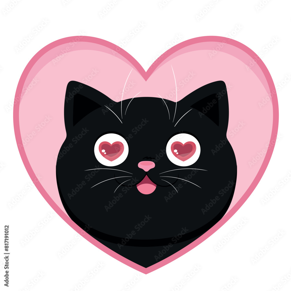 Cartoon black cat with hearts in eyes. Cat in love. Vector illustration