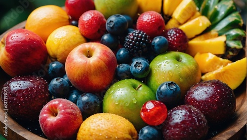A bowl of fruit with apples  oranges  and blueberries