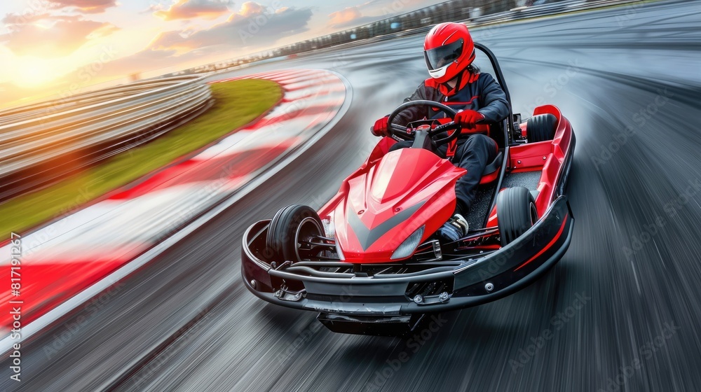 Go Kart racing round a track at full speed, with the driver clad in a helmet and suit overtaking competitors, utilizing rear curtain sync to enhance the dynamic motion effect.