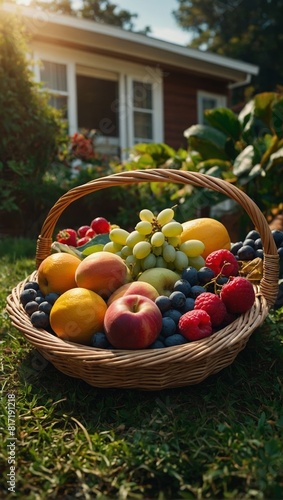 Wallpaper Mural A basket of fruit is on the grass outside of a house Torontodigital.ca