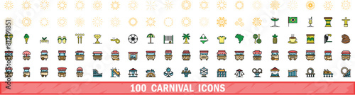 100 carnival icons set. Color line set of carnival vector icons thin line color flat on white photo