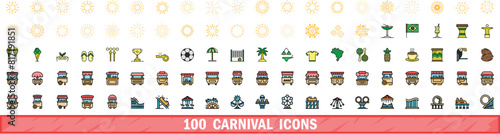 100 carnival icons set. Color line set of carnival vector icons thin line color flat on white
