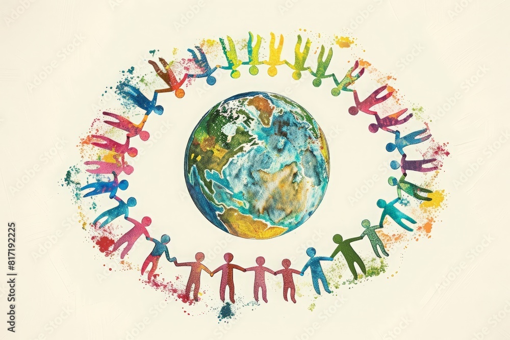 Colorful paper people holding hands in a circle around the globe, symbolizing global unity and support for refugees
