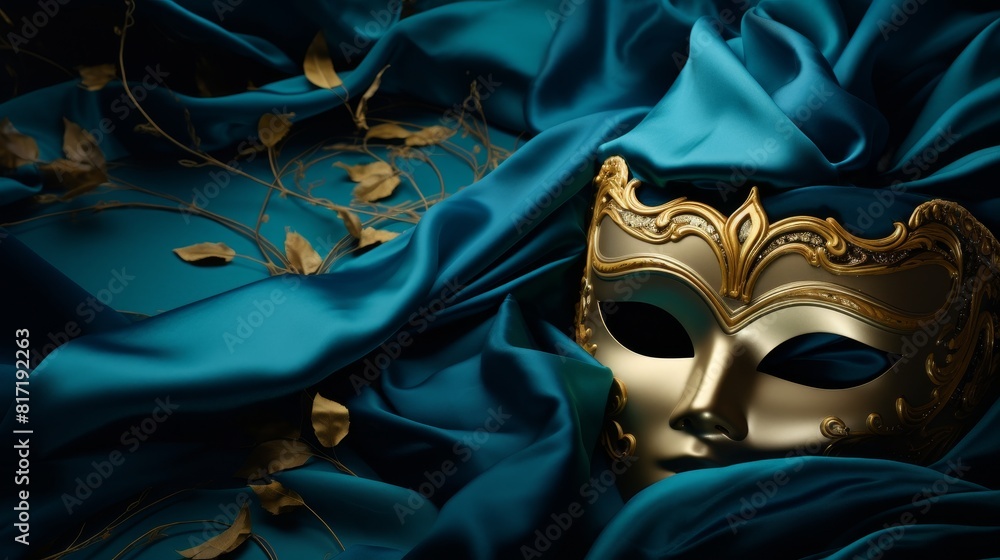 Blue silk fabric with a magnificent gold carnival mask placed strategically leaving 