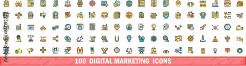 100 digital marketing icons set. Color line set of digital marketing vector icons thin line color flat on white