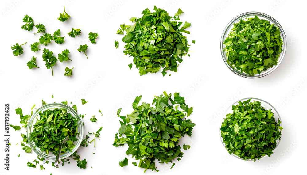 Naklejka premium Chopped parsley leaves isolated on white, top view