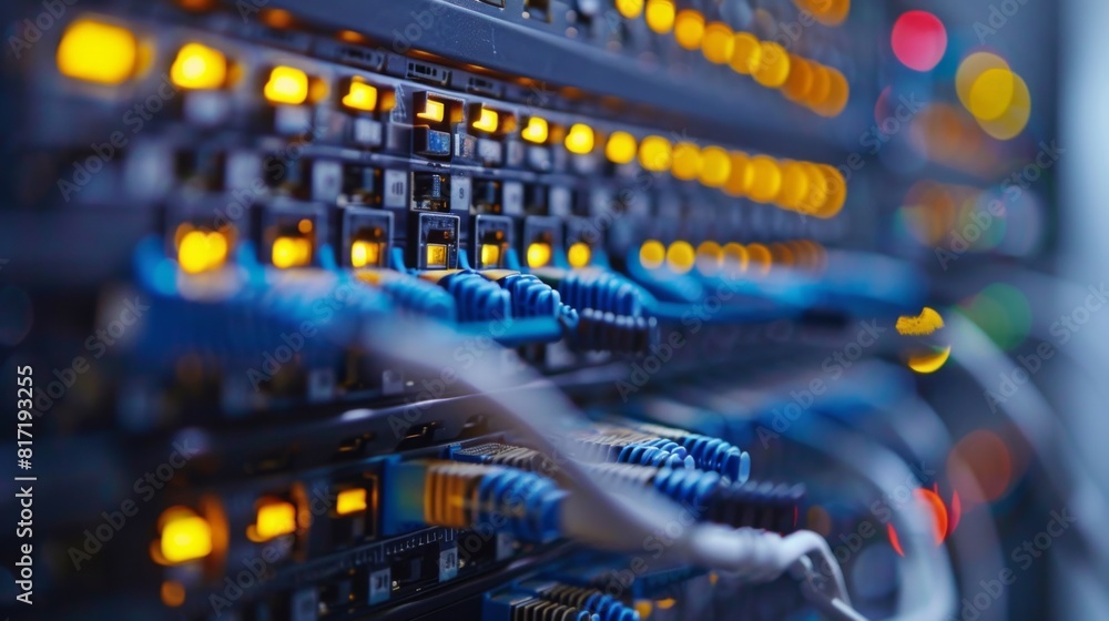 Close-up of network switches and routers in a modern cloud data center Close-up of network switches and routers in a modern cloud data center