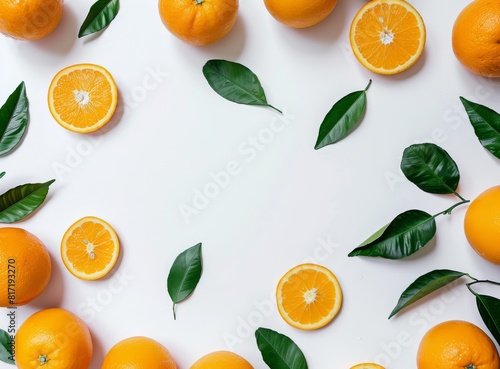 Orange fruit and orange leaves on a background.