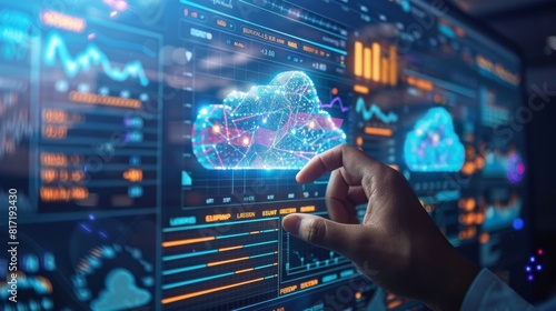 Close-up of a technician monitoring cloud computing performance on a digital dashboard