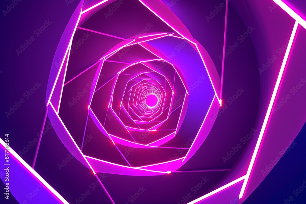 Graphic design art of abstract illusion of spiral with geometric shapes of pink and violet neon lines against purple background Graphic design art of abstract illusion of spiral with geometric shapes of pink and violet neon lines against purple background