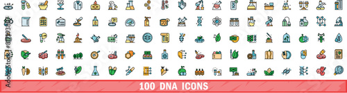 100 dna icons set. Color line set of dna vector icons thin line color flat on white