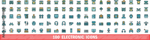 100 electronic icons set. Color line set of electronic vector icons thin line color flat on white photo