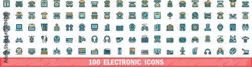 100 electronic icons set. Color line set of electronic vector icons thin line color flat on white