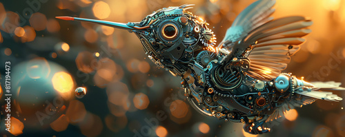 Capture a robotic hummingbird, its metallic feathers gleaming under a golden sunset, propped at a dynamic tilt, revealing intricate gears and detailed nanotech sensors