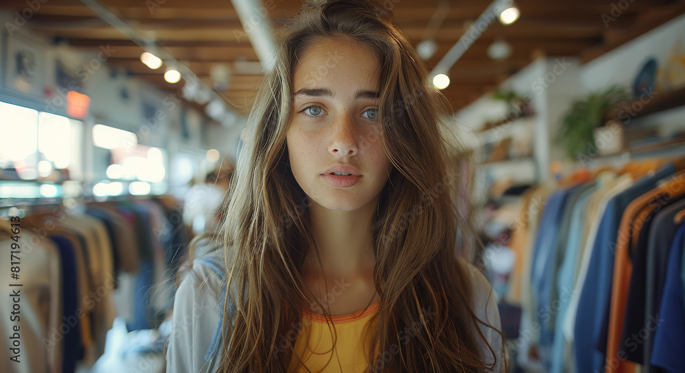 Beautiful woman, long brown hair, standing inside a clothing store, looking straight ahead, frightened. Generative AI. Beautiful woman, long brown hair, standing inside a clothing store, looking straight ahead, frightened. Generative AI.