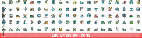 100 emission icons set. Color line set of emission vector icons thin line color flat on white