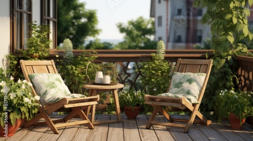  Beautiful balcony or terrace with chairs  natural material decoration.