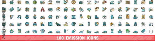 100 emission icons set. Color line set of emission vector icons thin line color flat on white