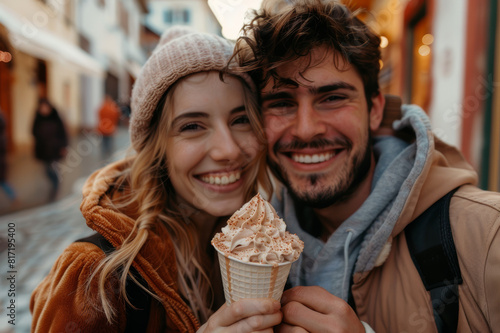 Young couple on a romantic date smiling and eating gelato in an old European town square. Ai generated
