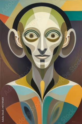 Retrato en pintura al   leo estilo cubismo de un humanoide  alien o extraterrestre 