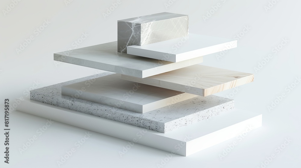 A set of mockups featuring blank material layers of various types, rendered in 3D, suitable for construction or interior design presentations. A set of mockups featuring blank material layers of various types, rendered in 3D, suitable for construction or interior design presentations.