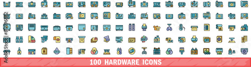 100 hardware icons set. Color line set of hardware vector icons thin line color flat on white
