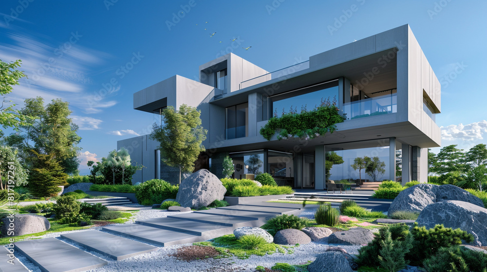 Contemporary luxury house with a pastel gray exterior, nestled among modern garden features under a clear summer sky. Full front view.