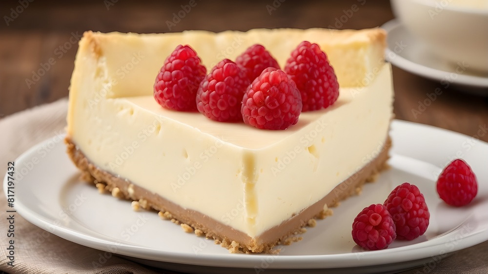 The slice of cheesecake is decadently rich and creamy, with a smooth and velvety texture. It's thick and generously portioned, showcasing the luscious layers of creamy cheese filling on a crumbly grah The slice of cheesecake is decadently rich and creamy, with a smooth and velvety texture. It's thick and generously portioned, showcasing the luscious layers of creamy cheese filling on a crumbly grah