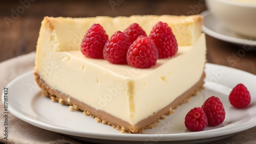 The slice of cheesecake is decadently rich and creamy  with a smooth and velvety texture. It s thick and generously portioned  showcasing the luscious layers of creamy cheese filling on a crumbly grah