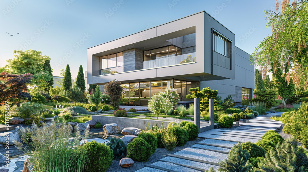 Contemporary luxury house with a pastel gray exterior, nestled among modern garden features under a clear summer sky. Full front view.