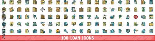 100 loan icons set. Color line set of loan vector icons thin line color flat on white