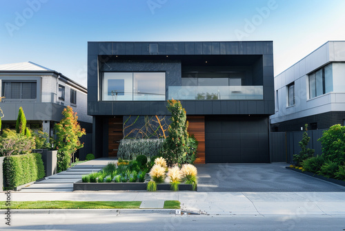 Contemporary home with a charcoal black facade, featuring stark modern lines and minimalist landscaping. Full front view in a summer suburb." © Aliya