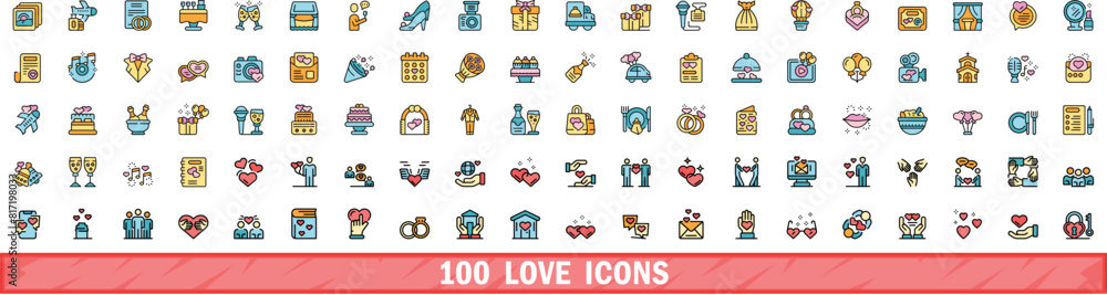 100 love icons set. Color line set of love vector icons thin line color flat on white 100 love icons set. Color line set of love vector icons thin line color flat on white