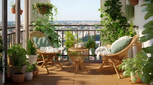  Beautiful balcony or terrace with chairs, natural material decoration.