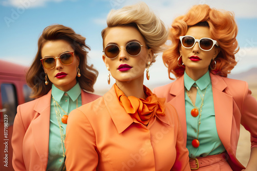 3 women in the style of vintage aesthetics, pink and amber, photo-realistic compositions, vintage fashion,close up