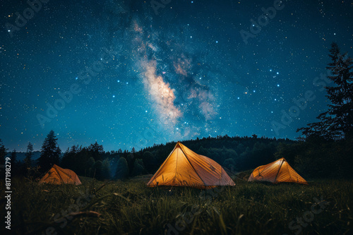 Tents pitched on a grassy hill under a starry summer sky with forest in the background.. AI generated.
