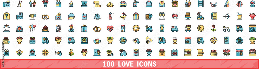 100 love icons set. Color line set of love vector icons thin line color flat on white 100 love icons set. Color line set of love vector icons thin line color flat on white